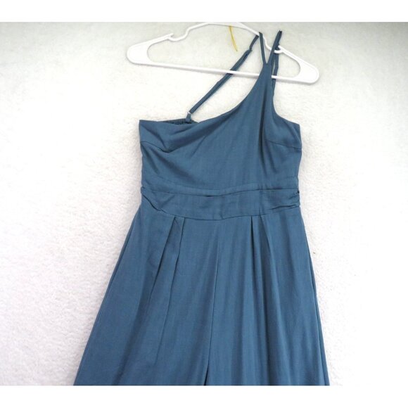 ANRABESS Romper Womens Small Blue One Shoulder Linen Blend Smocked Pleated New - Picture 2 of 11